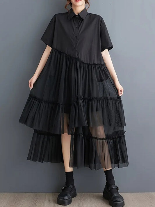 CM-DT180028 Women Casual Seoul Style Collar Neckline Long Sleeve Loose Shirt Dress - Black