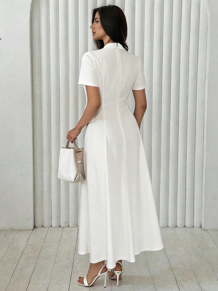 CM-DS789863 Women Casual Seoul Style Lapel Neckline Short Sleeve High Waist Mid-Length Dress