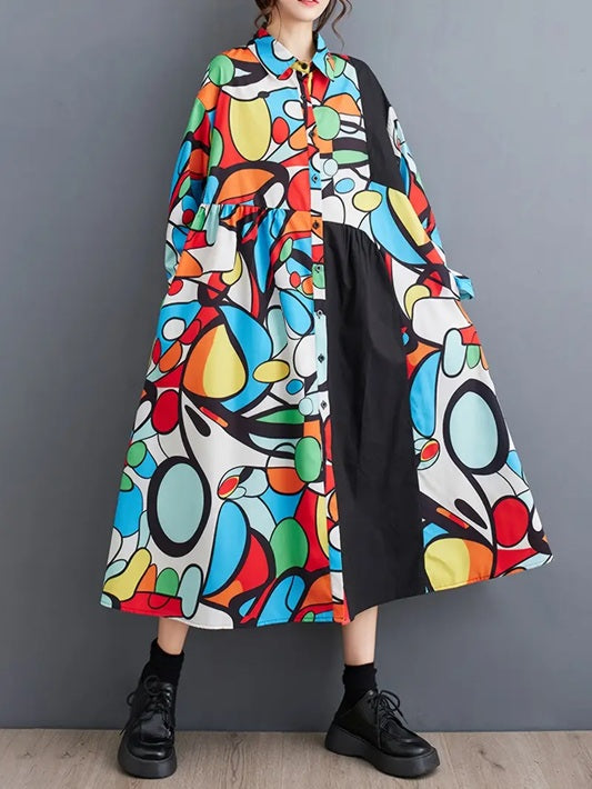 CM-DT105914 Women Casual Seoul Style Geometric Pattern Collar Neckline Long Sleeve Asymmetrical Hem Dress