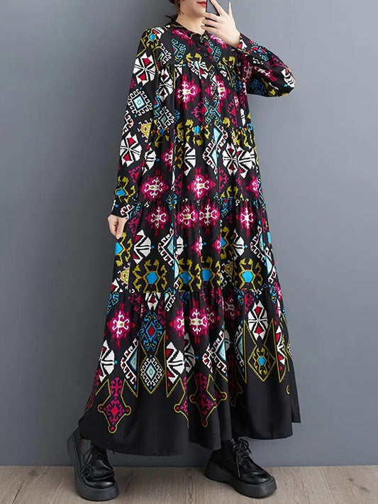 CM-DT103391 Women Casual Seoul Style Geometric Print Stand Collar Long Sleeve A-Line Loose Fit Maxi Dress