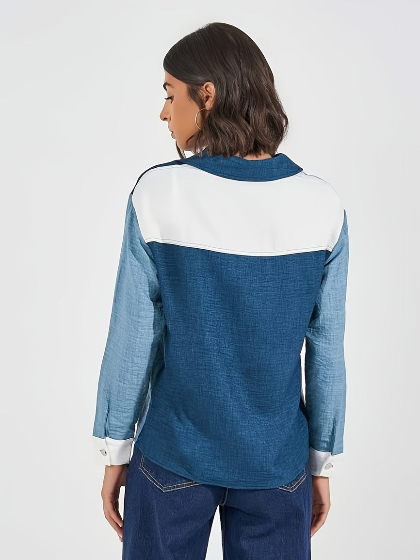 CM-CT050356 Women Casual Seoul Style Collar Neckline Long Sleeve Color-Block Patchwork Shirt Denim Jacket