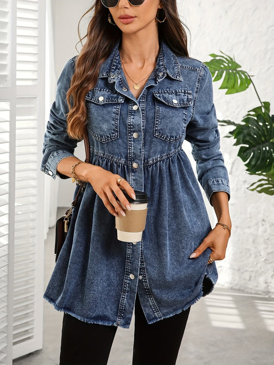 CM-CT070869 Women Casual Seoul Style Collar Neckline Long Sleeve Loose Denim Jacket - Blue