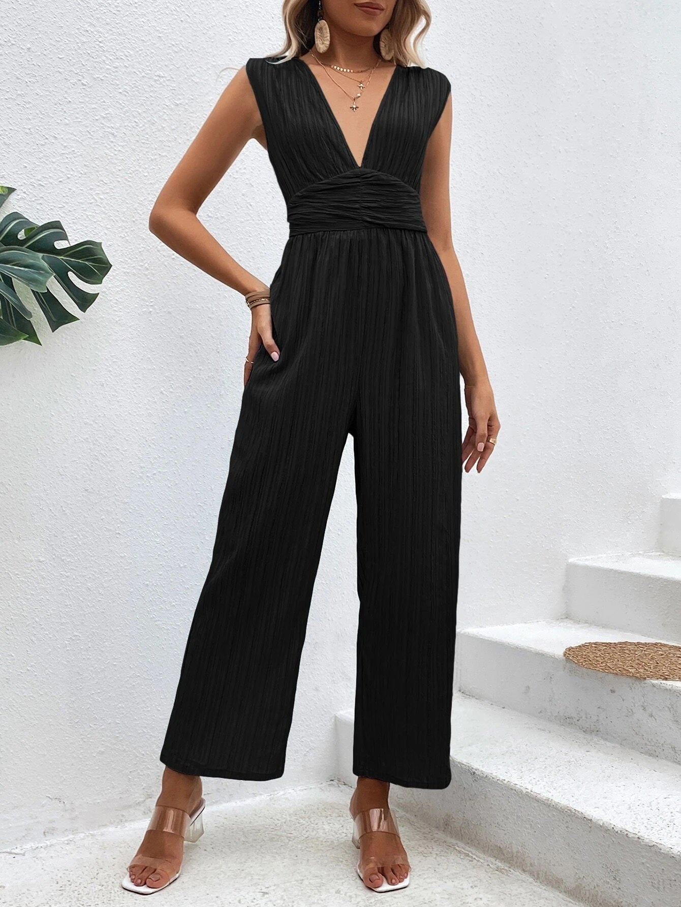 CM-JS042994 Women Casual Seoul Style Plunging Neck Tie Back Wide Leg Jumpsuit - Black