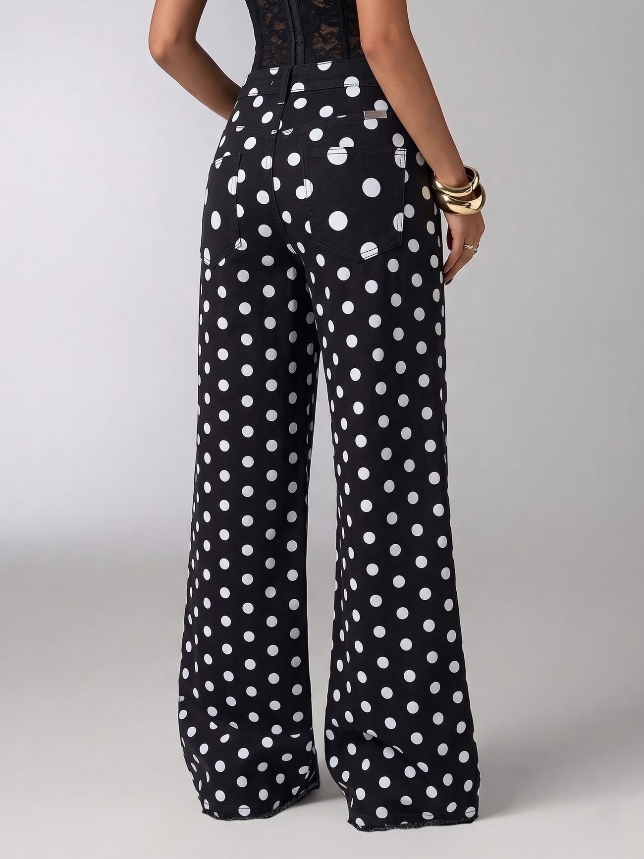 CM-BT186590 Women Casual Seoul Style High Waist Polka Dot Straight-Leg Long Jeans - Black