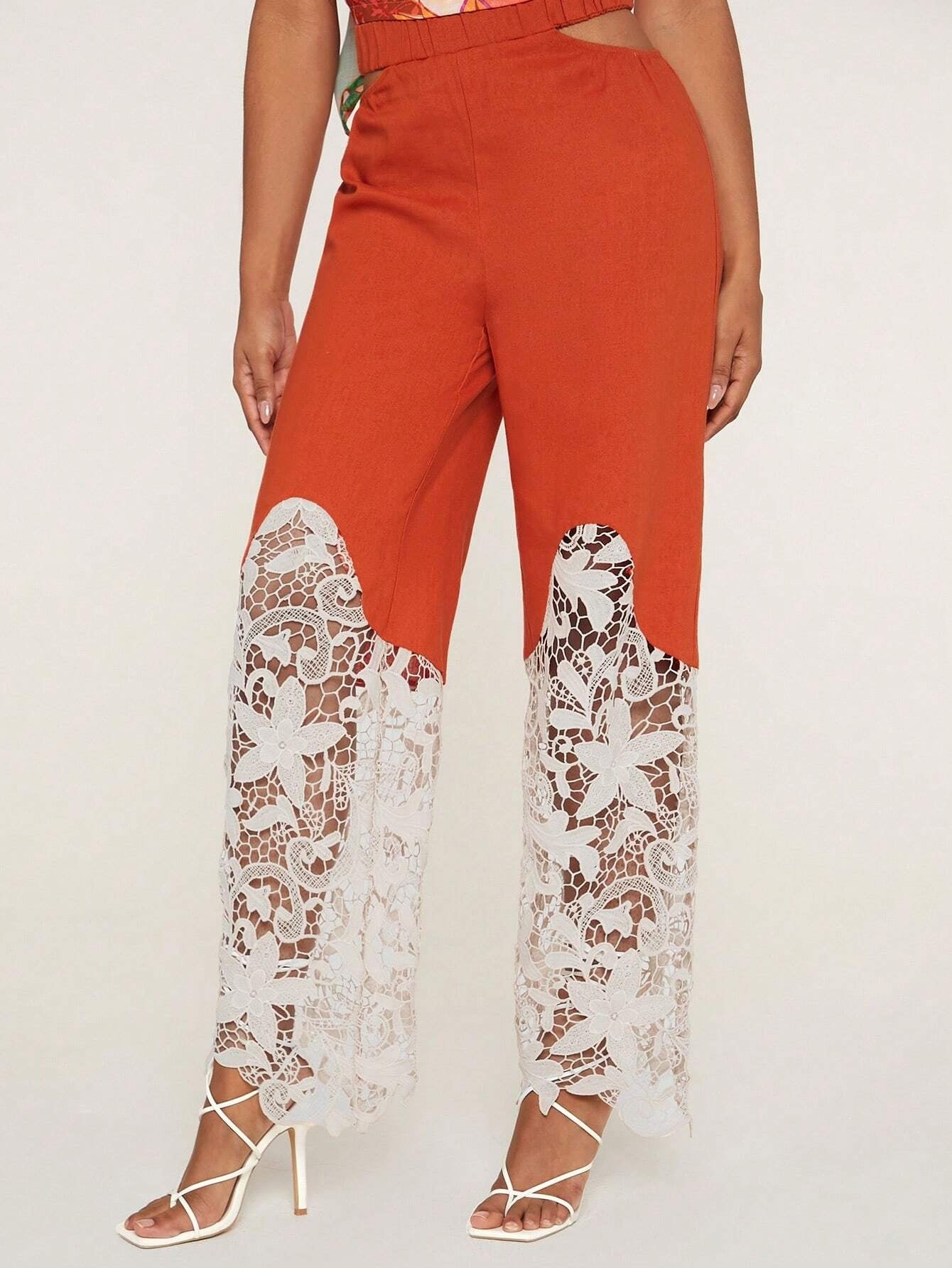 CM-BS331651 Women Elegant Seoul Style Contrast Lace Cut Out Waist Pants