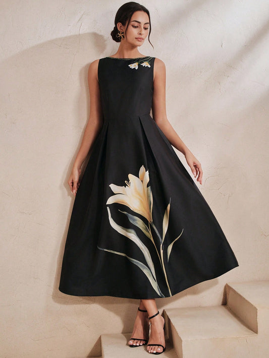 CM-DS039293 Women Elegant Seoul Style Round Neck Sleeveless Beaded Printed Mid-Length Dress - Black