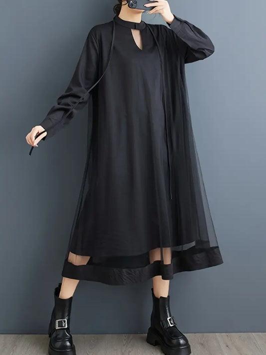CM-DT757839 Women Elegant Seoul Style V-Neck Long Sleeve A-Line Flowy Midi Dress - Black