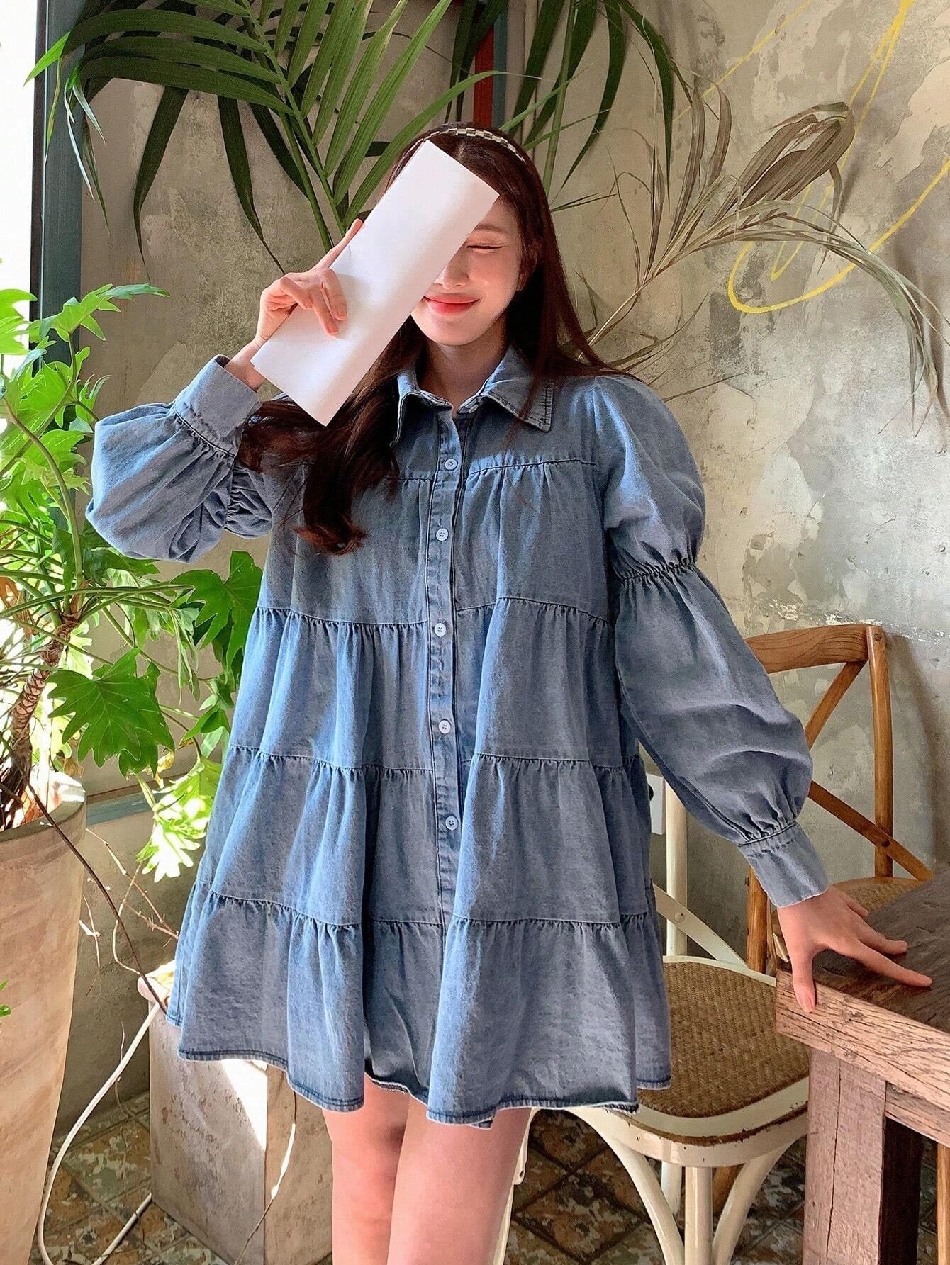 CM-DS025753 Women Preppy Seoul Style Solid Button Front Layered Hem Smock Denim Dress