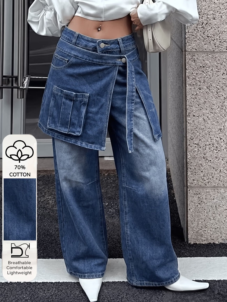 CM-BT684555 Women Casual Seoul Style Solid Color 2-in-1 Wide-Leg Jeans - Blue