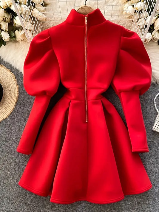 CM-DT523748 Women Elegant Seoul Style Stand-Up Collar Long Sleeve Flared Hem A-Line Short Dress - Red