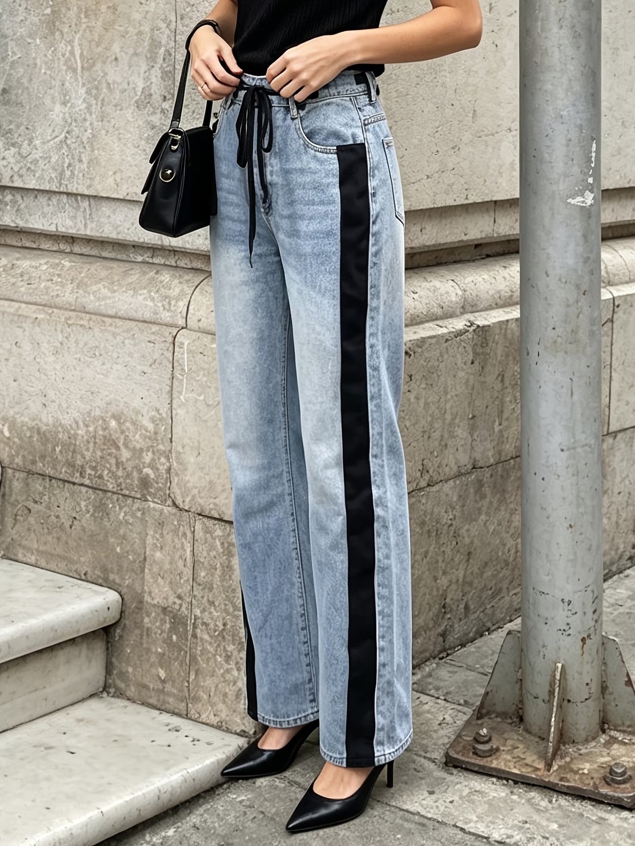 CM-BT050887 Women Casual Seoul Style High-Waist Black Webbing on the Side Drawstring Bow Decoration Jeans