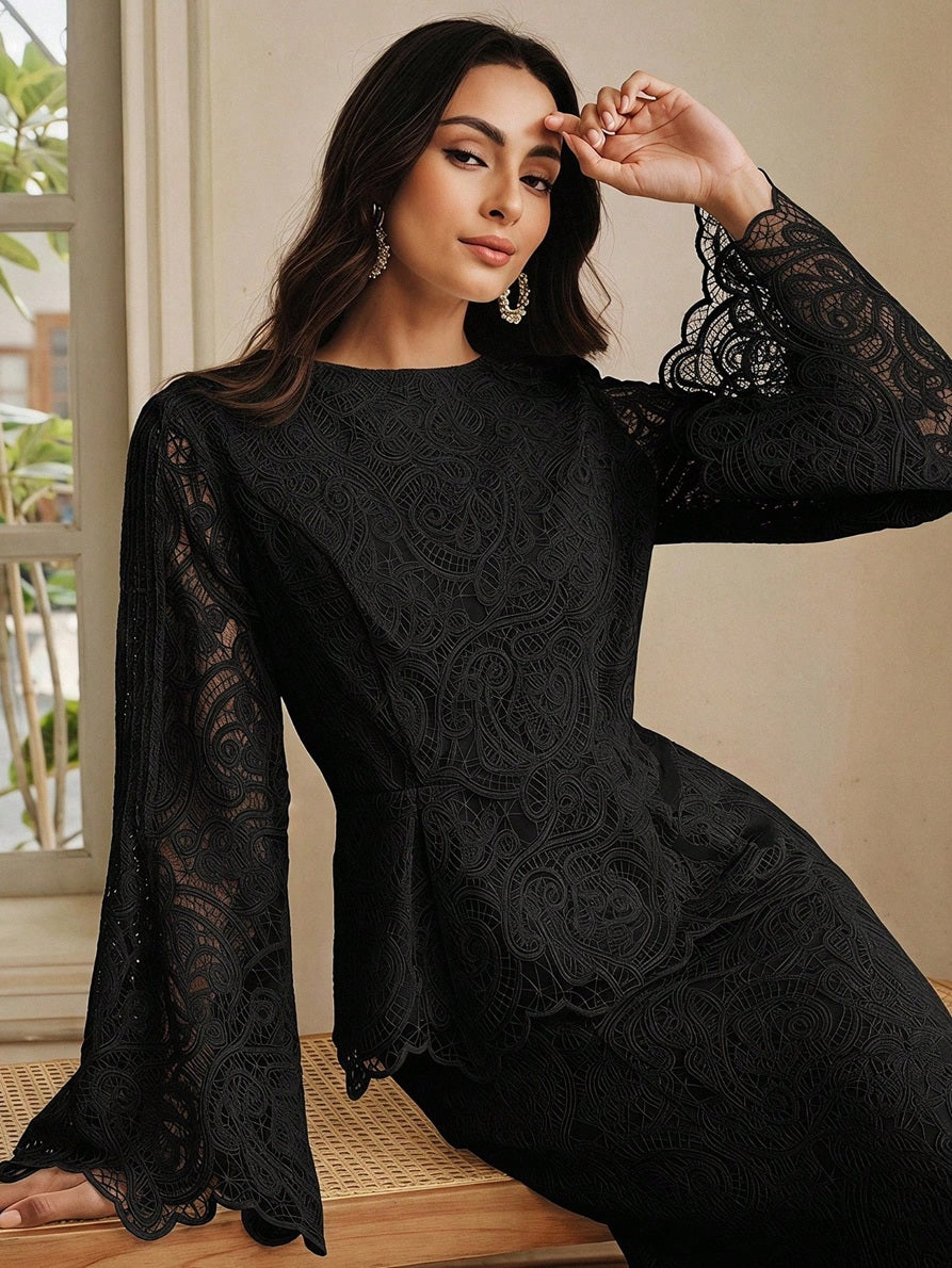 CM-TS175417 Women Elegant Seoul Style Round Neck Lace Bell Extra Long Sleeve Top - Black