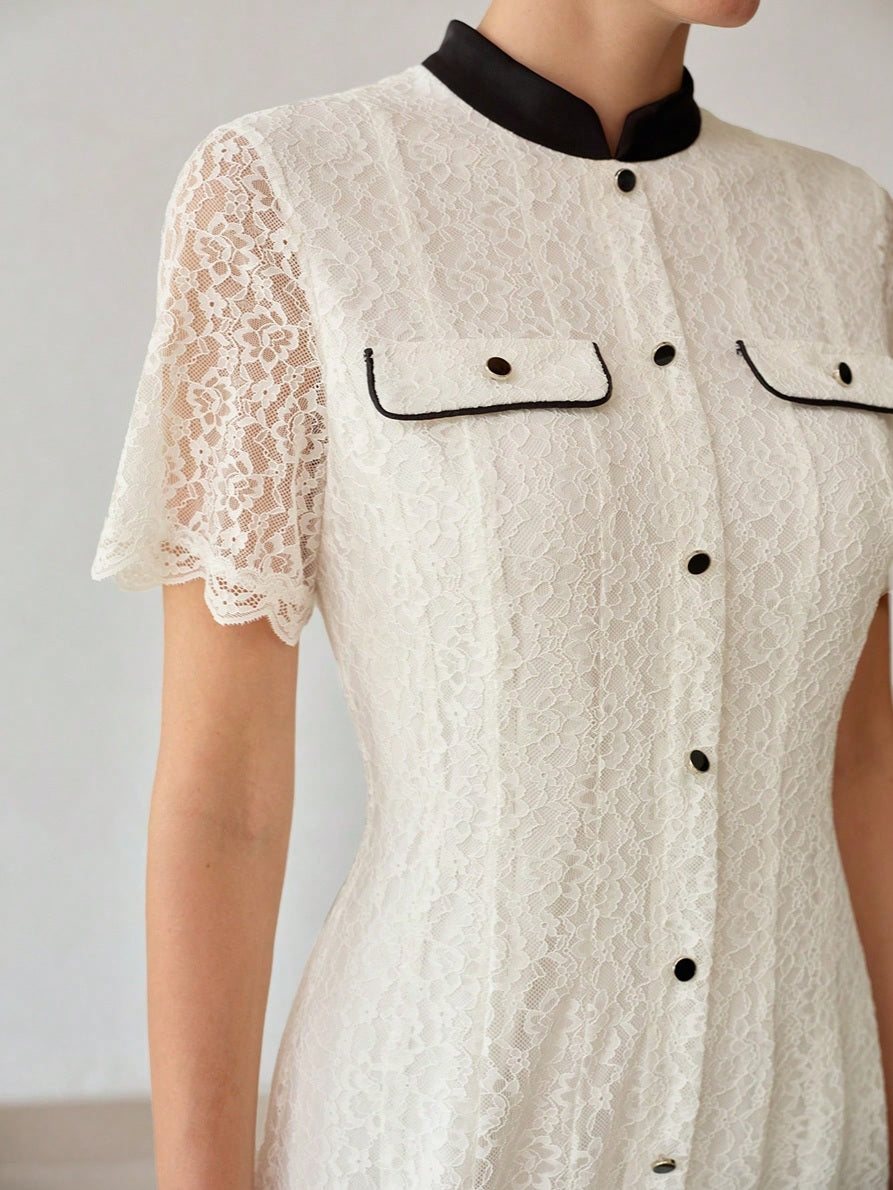 CM-DS167821 Women Elegant Seoul Style Stand Collar Short Sleeve Contrast Trim Lace Mini Dress