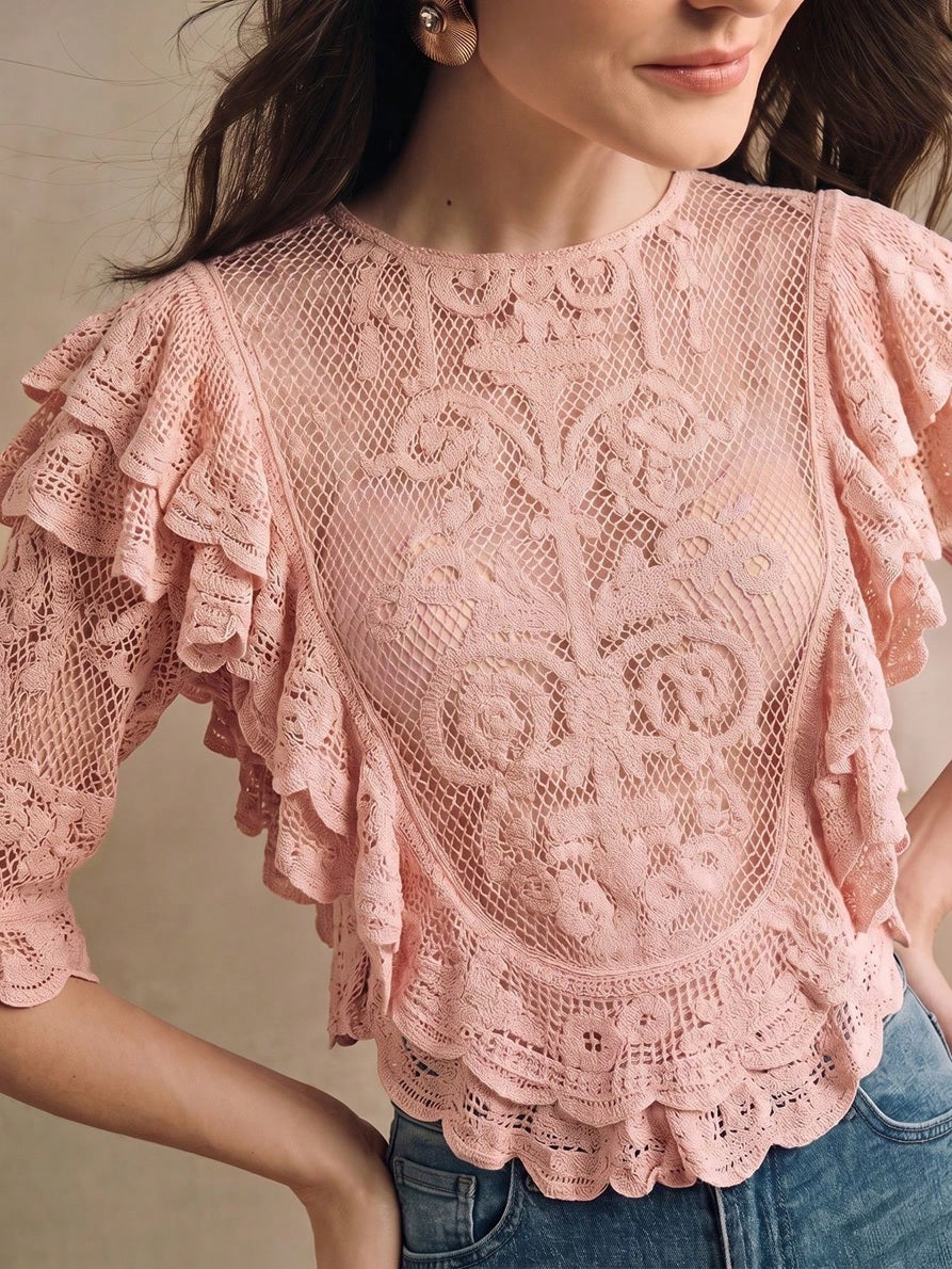 CM-TS576844 Women Elegant Seoul Style Cropped Half Sleeve Multi-Layer Ruffle Mesh Crochet Top - Pink