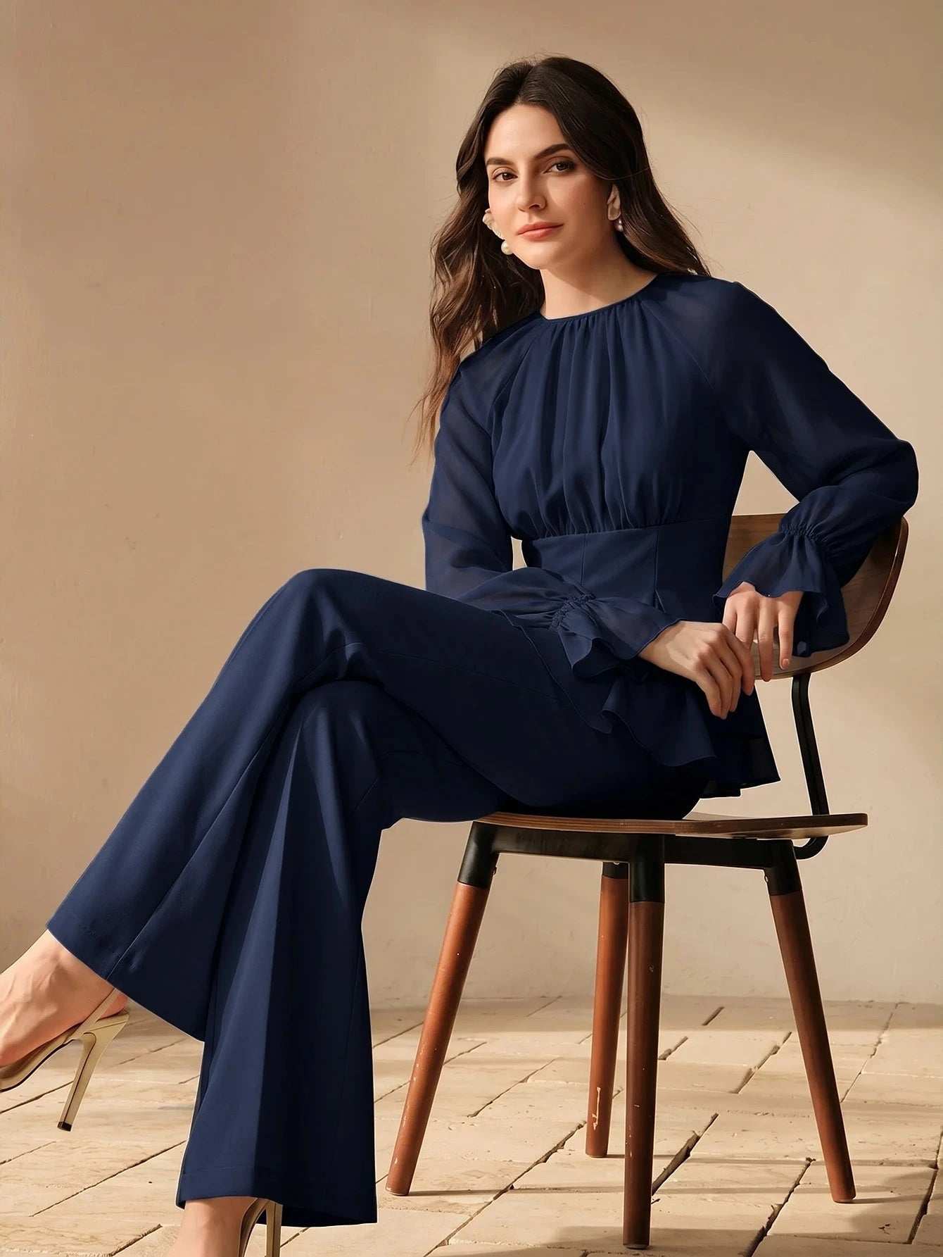 CM-SS854731 Women Elegant Seoul Style Round Neck Long Sleeve Chiffon Patchwork Blouse With Flared Leg Pants - Set