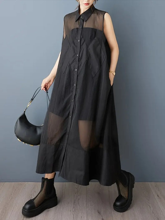 CM-DT427899 Women Elegant Seoul Style Collar Neckline Sleeveless Organza Vest Loose Fit Dress - Black