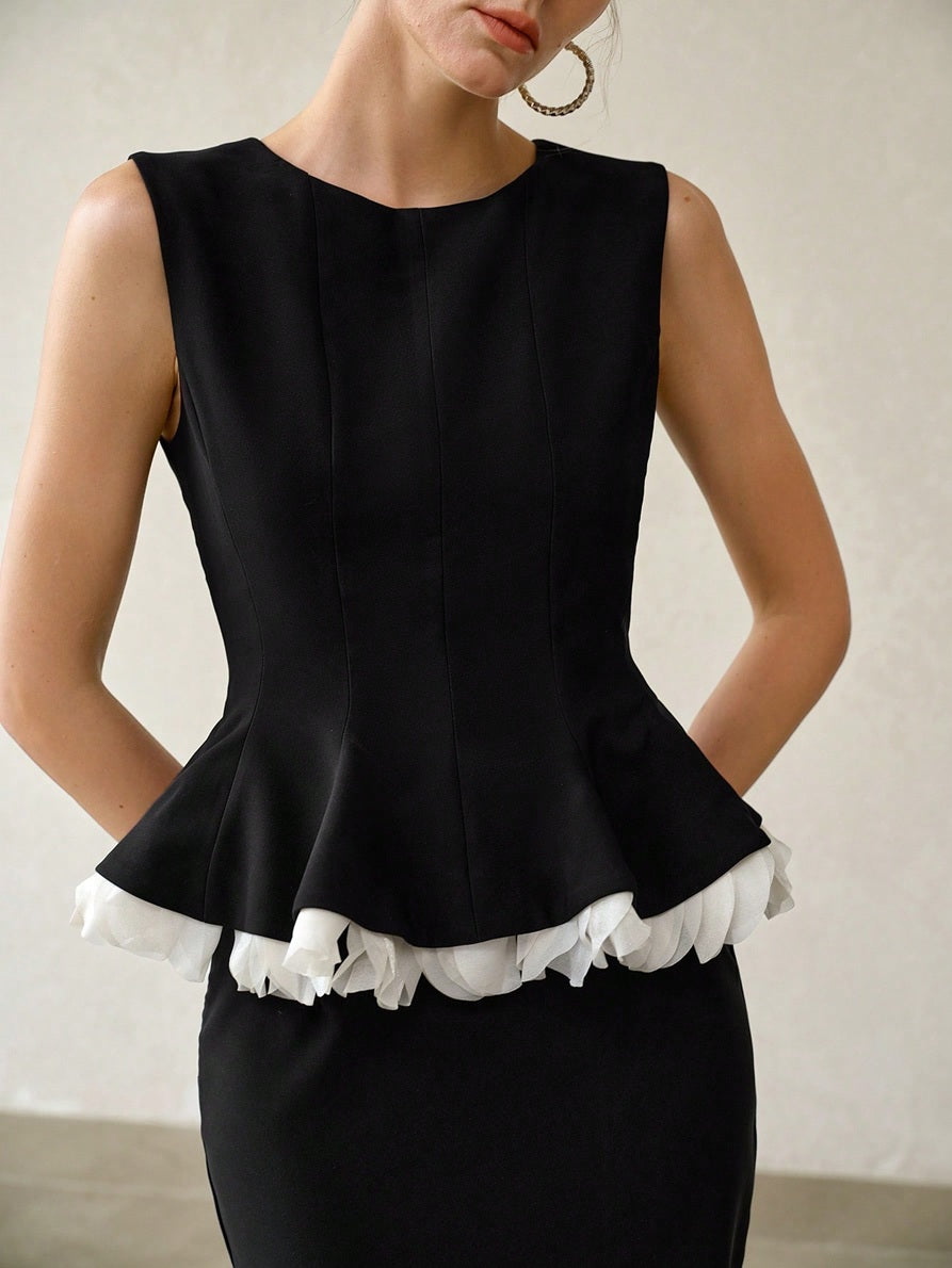 CM-SS084702 Women Elegant Seoul Style Minimalist Patchwork Ruffle Sleeveless Top With Midi Skirt - Set