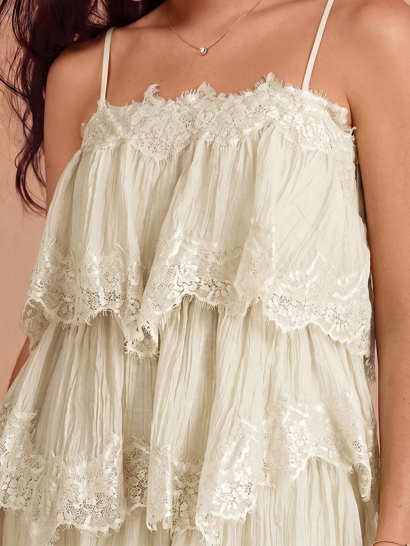 CM-DS559153 Women Elegant Seoul Style Lace Patchwork Pleated Spaghetti Strap Dress - Apricot
