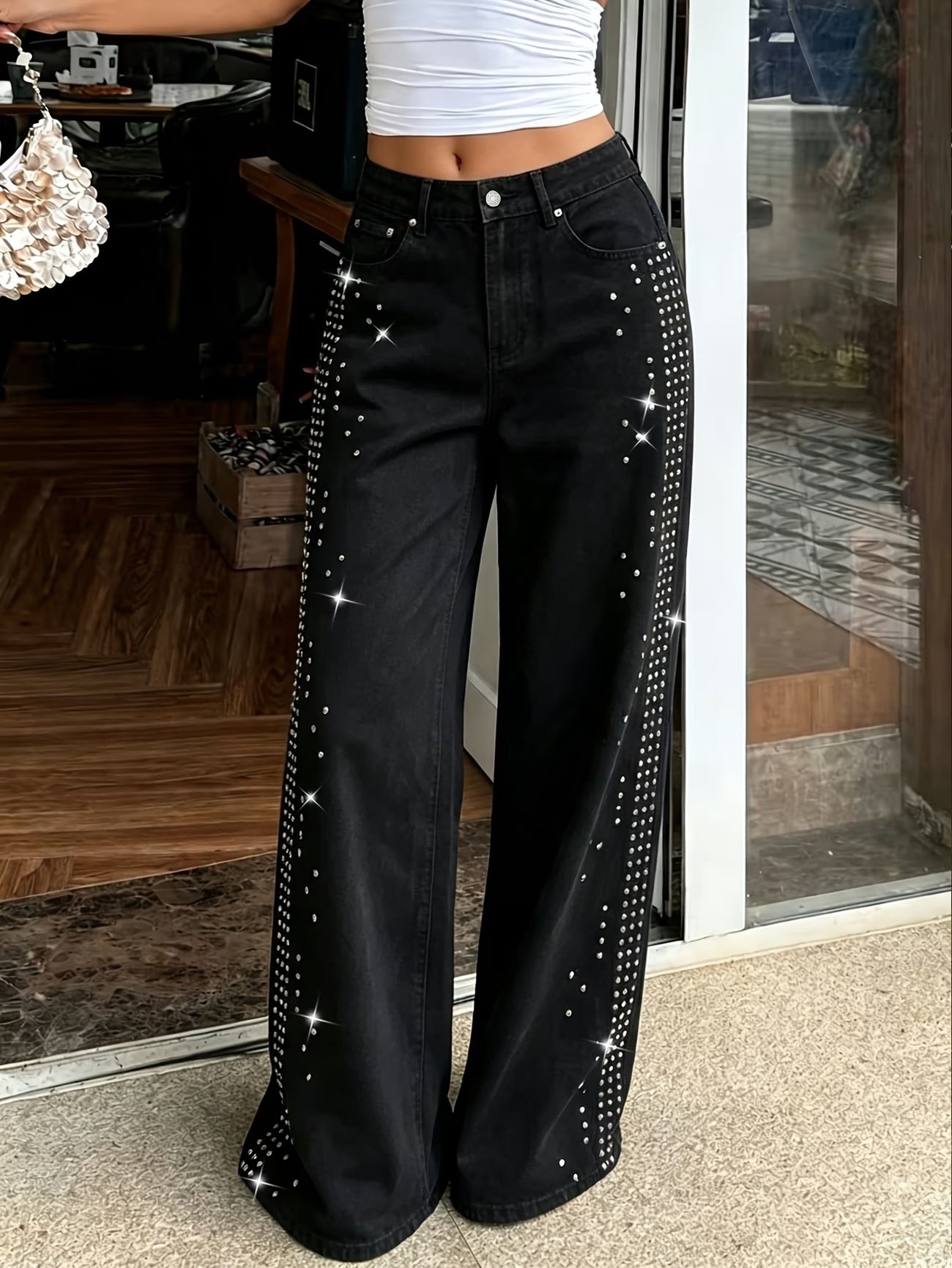 CM-BT216239 Women Casual Seoul Style High Waist Straight Leg Jeans - Black