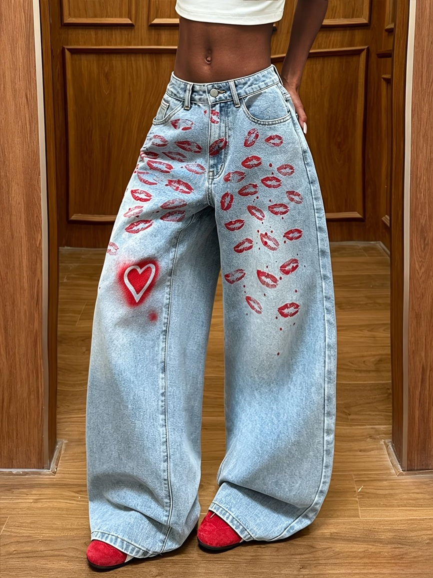 CM-BT125010 Women Casual Seoul Style Red Lip And Heart Print Loose Fit Wide-Leg Pants - Light Blue