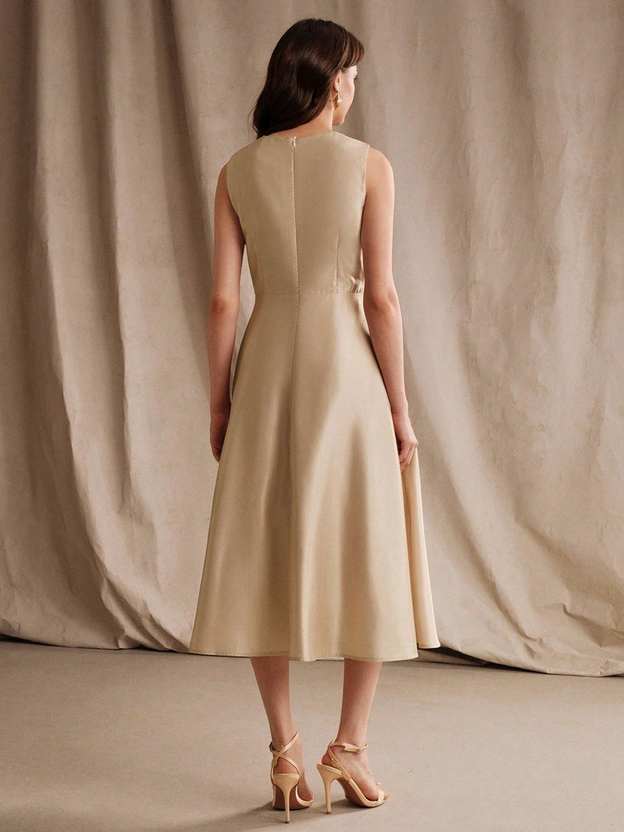 CM-DS128881 Women Elegant Seoul Style Round Neck Sleeveless Waist Cinched Floral Print A-Line Dress - Apricot