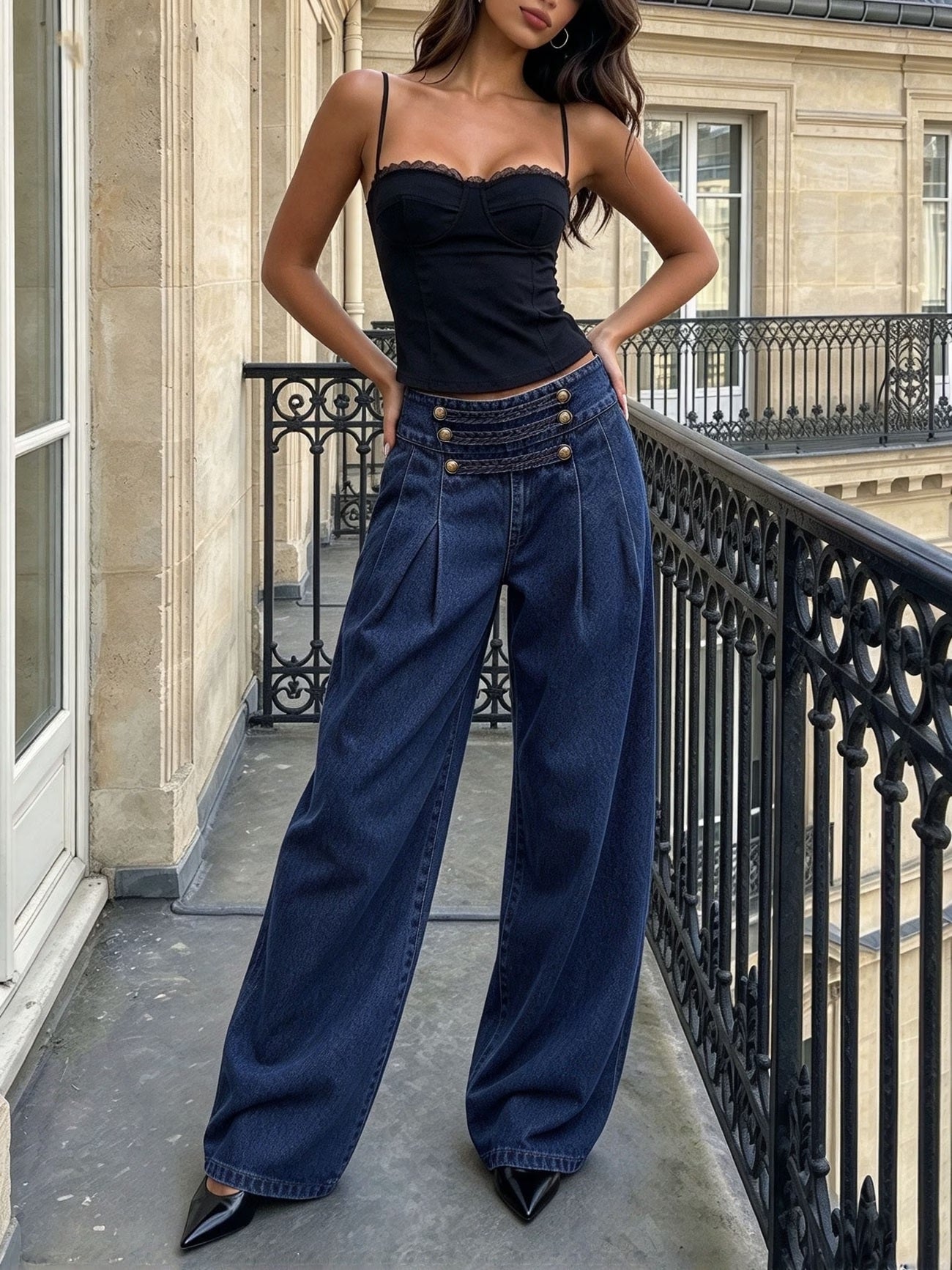 CM-BT022607 Women Casual Seoul Style Dark Wash Ruched Waistband Metal Buckle Decor Floor-Length Wide Leg Jeans