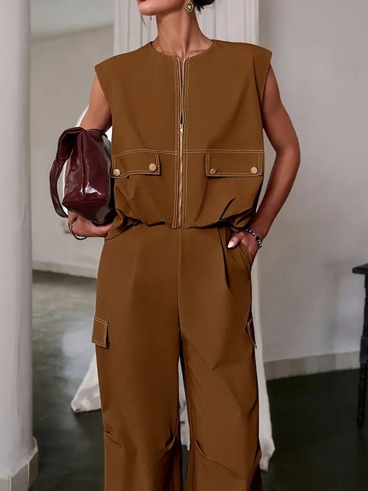 CM-ST460904 Women Elegant Seoul Style Solid Color Sleeveless V-Neck Button Details Drawstring Vest With Pants - Set