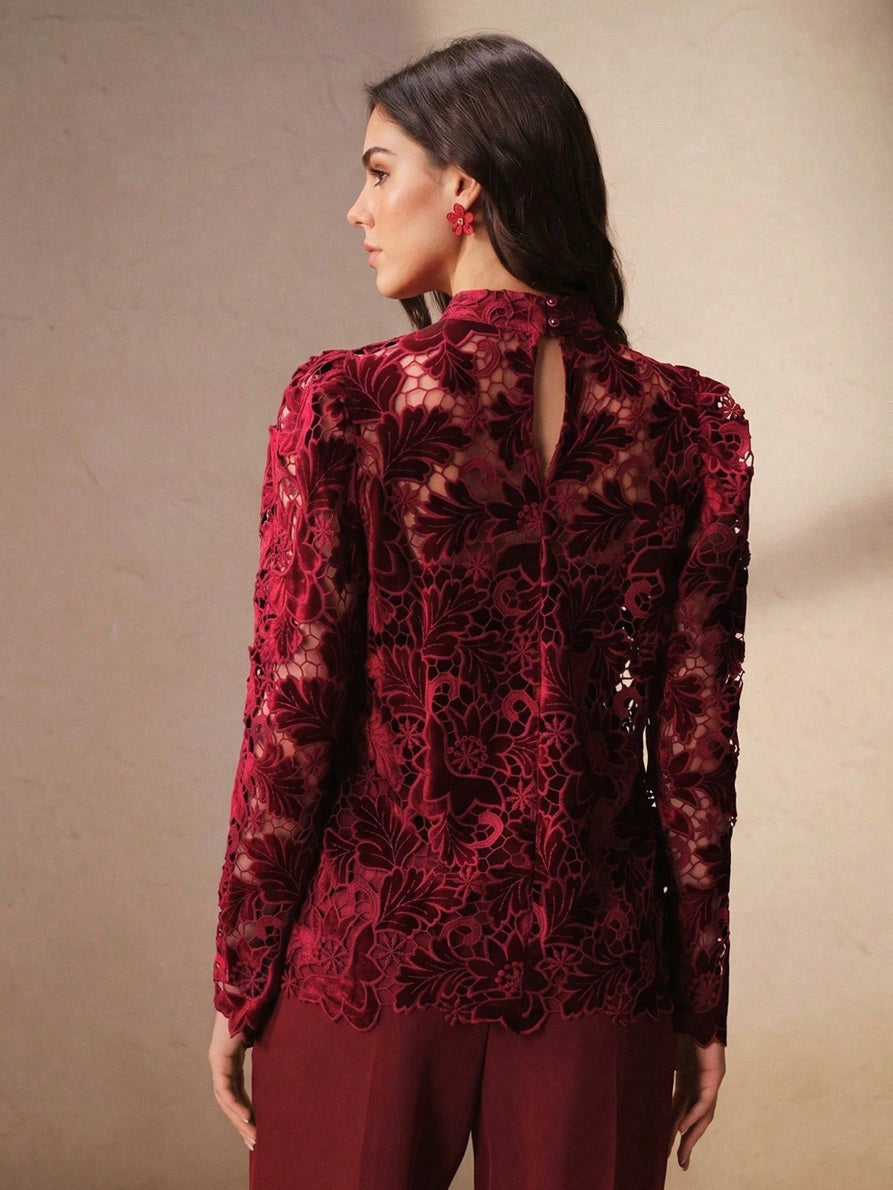 CM-TS198442 Women Elegant Seoul Style Stand Collar Long Sleeve Hollow-Out Burnout Top - Burgundy