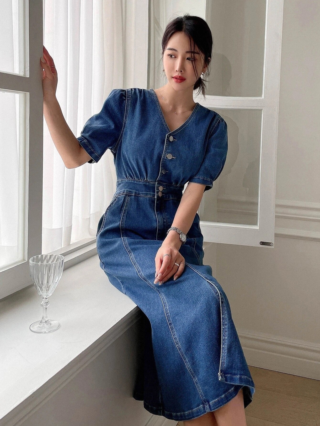 CM-DS299323 Women Preppy Seoul Style Dark Wash Puff Sleeve Button Front Denim Dress