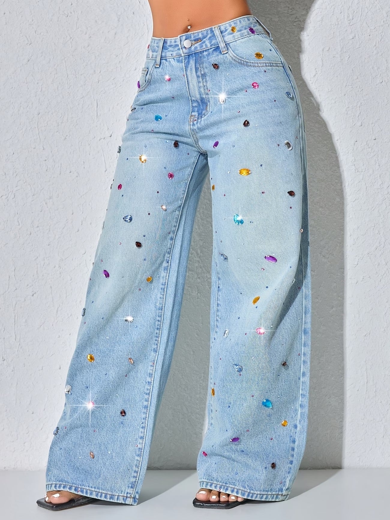 CM-BT518519 Women Casual Seoul Style Rhinestone Embroidery Wide Leg Denim Pants - Blue