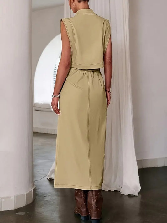 CM-ST361154 Women Elegant Seoul Style Solid Color Sleeveless Front Button Top With Half Skirt - Set