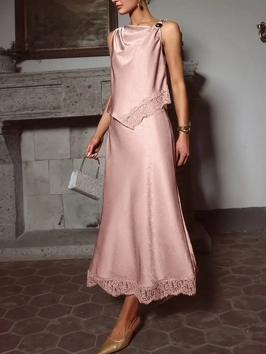 CM-ST461995 Women Elegant Seoul Style Solid Color Glossy Contrast Lace Splicing Vest With Long Skirt - Set