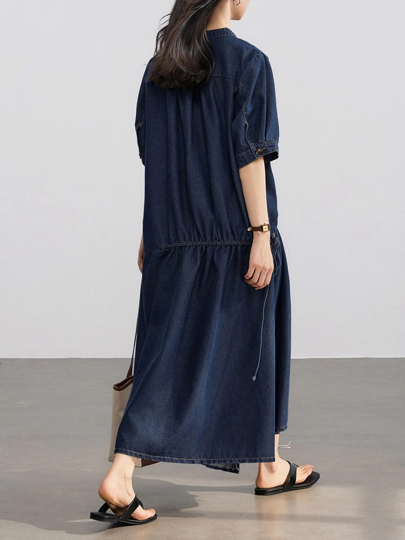 CM-DS713000 Women Casual Seoul Style Darl Wash Collared Long Sleeve Button-Up Cinched Waist Denim Dress