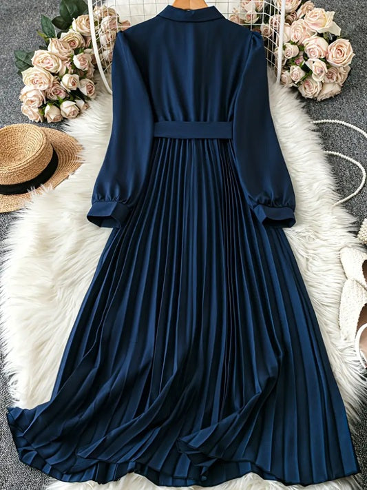 CM-DT360906 Women Elegant Seoul Style Collar Neckline Tie Waist Belt Long Sleeve Pleated Midi Dress  - Navy Blue