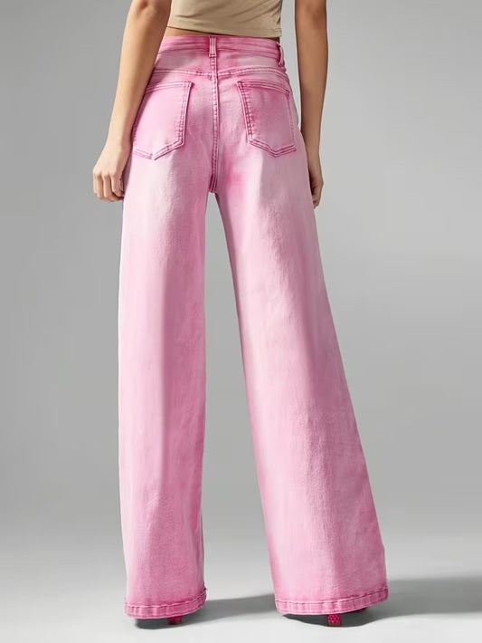 CM-BT966375 Women Casual Seoul Style Mid Waist Washed Straight-Leg Jeans - Pink