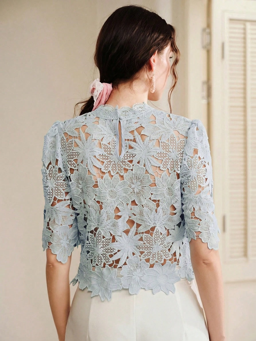 CM-TS859130 Women Elegant Seoul Style Collar Lace Cropped Floral Hollow Out Puff Sleeve Top - Dusty Blue