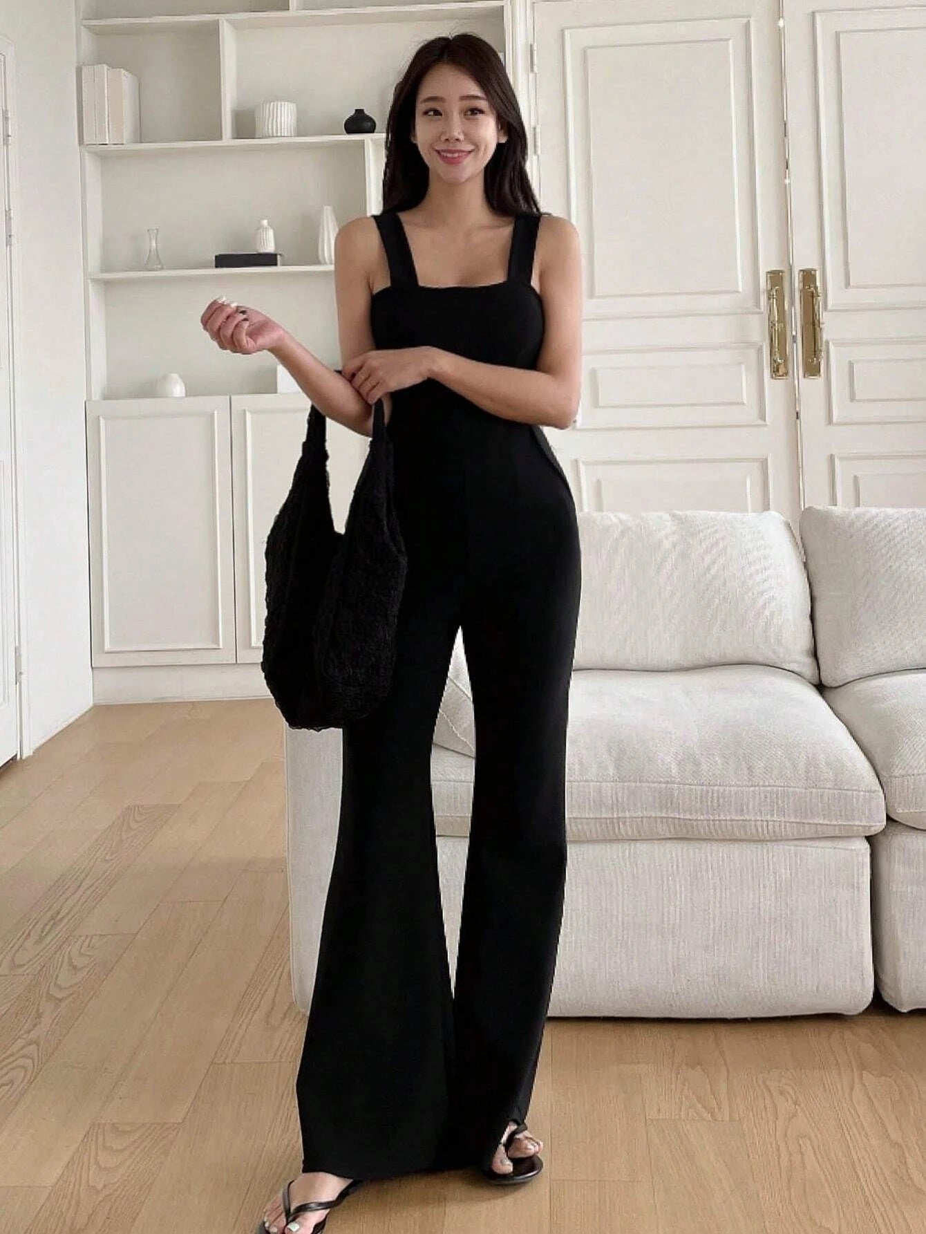 CM-JS241738 Women Elegant Seoul Style Solid Flare Leg Cami Jumpsuit - Black