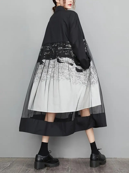 CM-DT134955 Women Elegant Seoul Style Square Neck Long Sleeve A-Line Tulle Mesh Dress