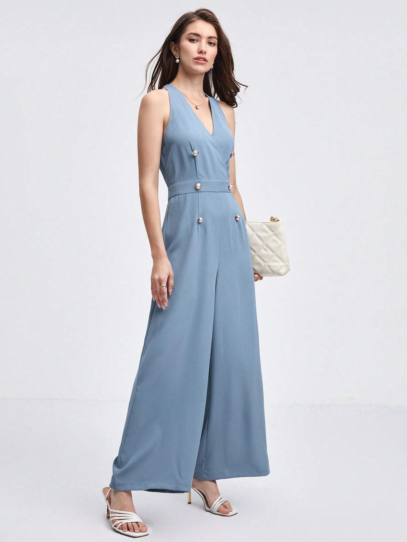CM-JS581906 Women Elegant Seoul Styel Double Breasted Wide Leg Jumpsuit - Dusty Blue