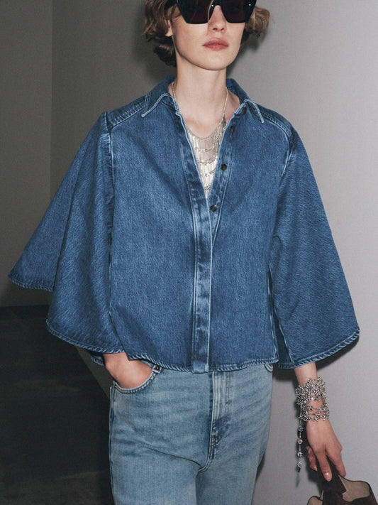 CM-CT274713 Women Elegant Seoul Style Medium Wash V-Neck Long Sleeve Loose Denim Jacket
