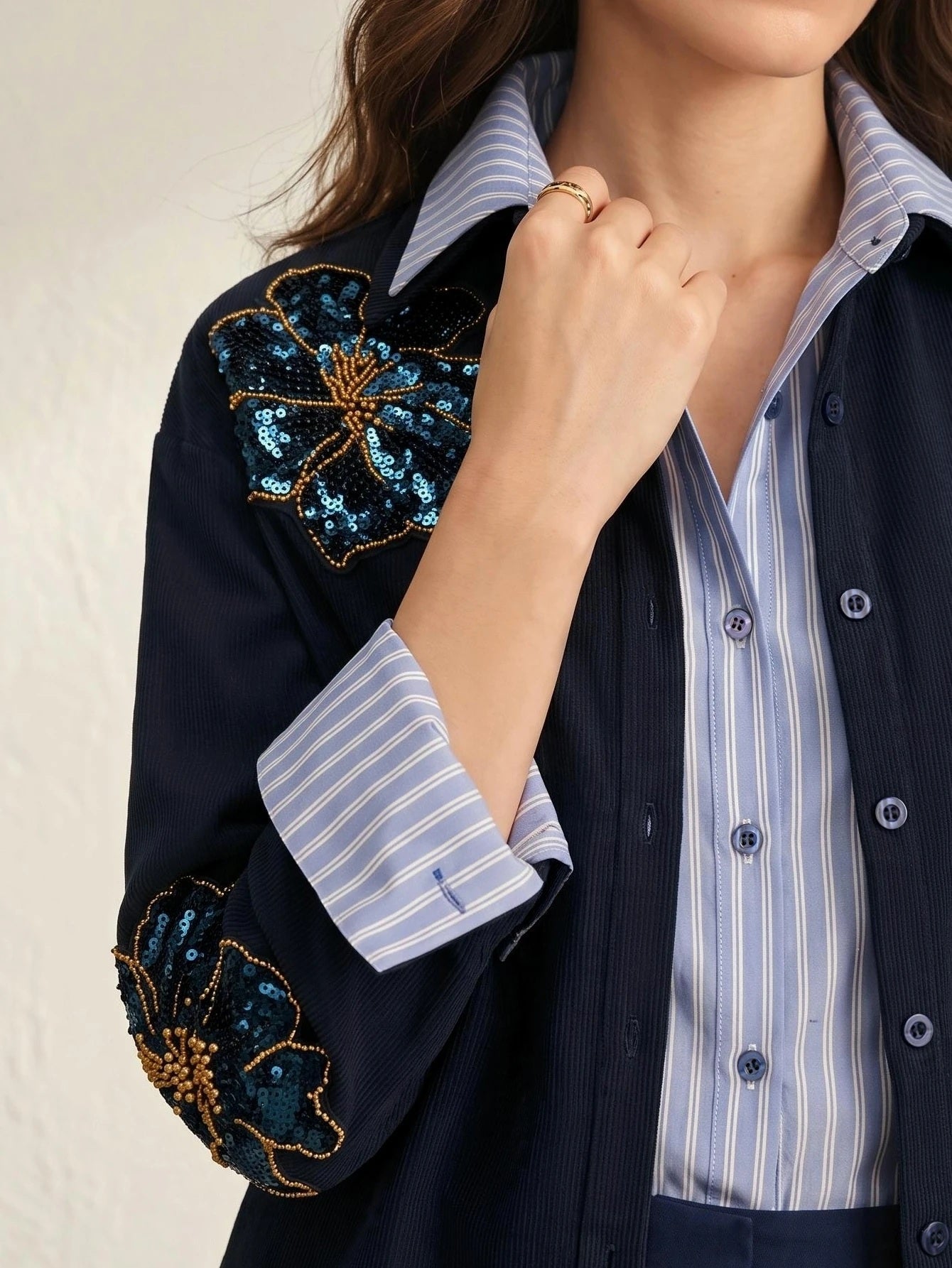 CM-TS565155 Women Elegant Seoul Style Striped Corduroy 2 In 1 Design Embroidery Applique Loose Fit Blouse