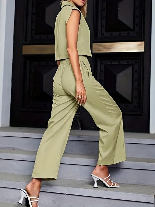 CM-ST537416 Women Elegant Seoul Style Solid Color Lapel Neckline Sleeveless Blouse With Slant Pocket Pants - Set