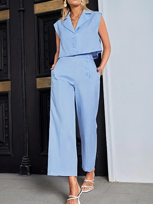 CM-ST537416 Women Elegant Seoul Style Solid Color Lapel Neckline Sleeveless Blouse With Slant Pocket Pants - Set