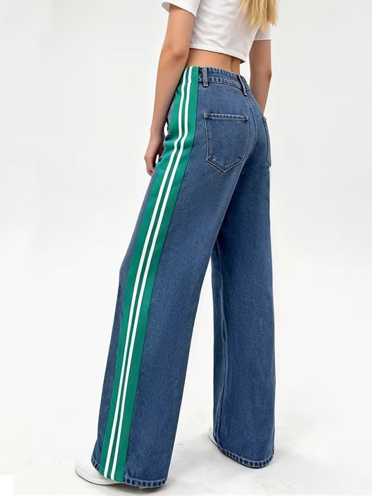 CM-BT576793 Women Casual Seoul Style Patchwork Striped High-Waist Wide-Leg Pants - Green