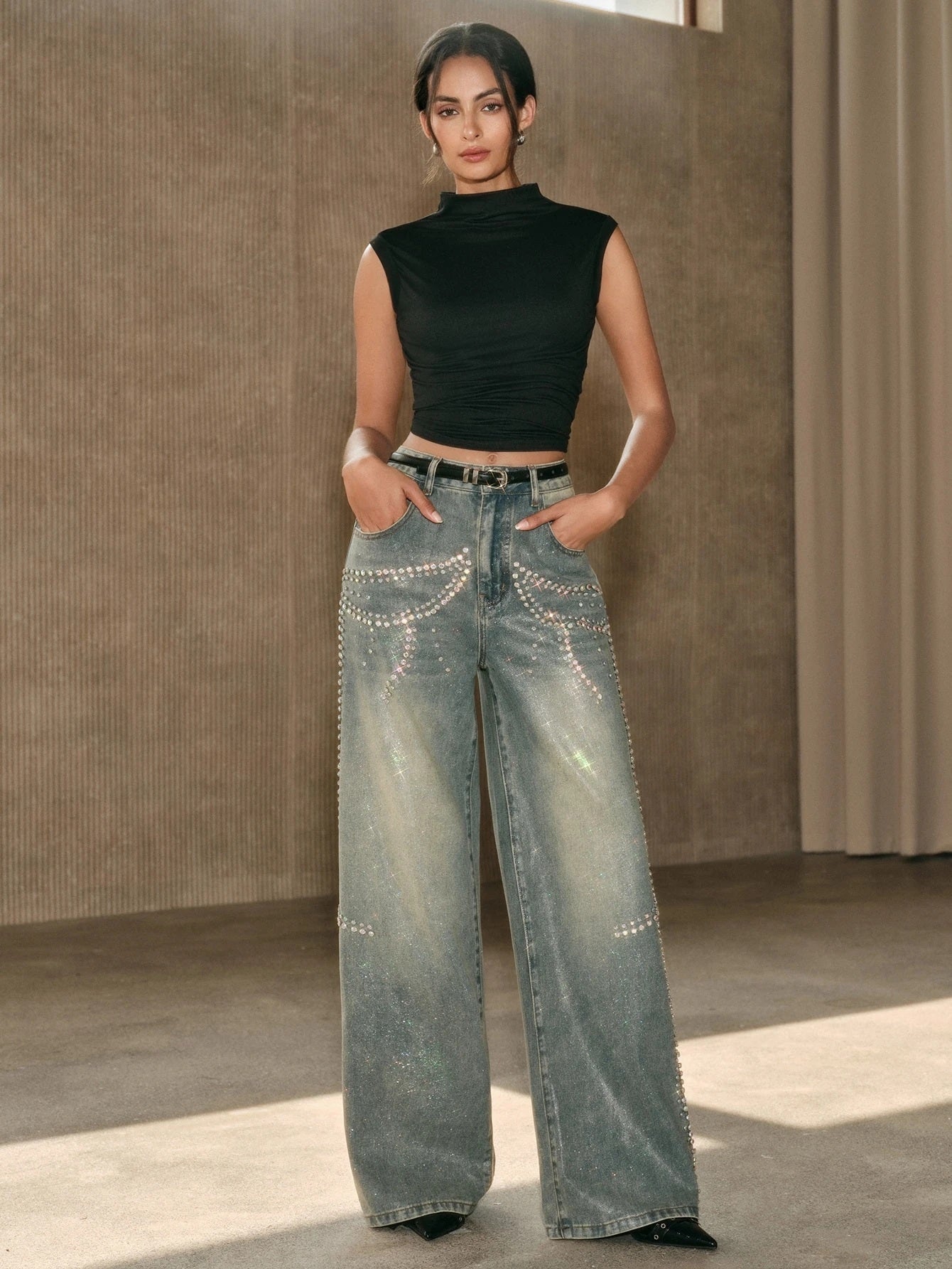 CM-BS803378 Women Casual Seoul Style Mid Waist Iridescent Rhinestone Straight Leg Jeans - Blue