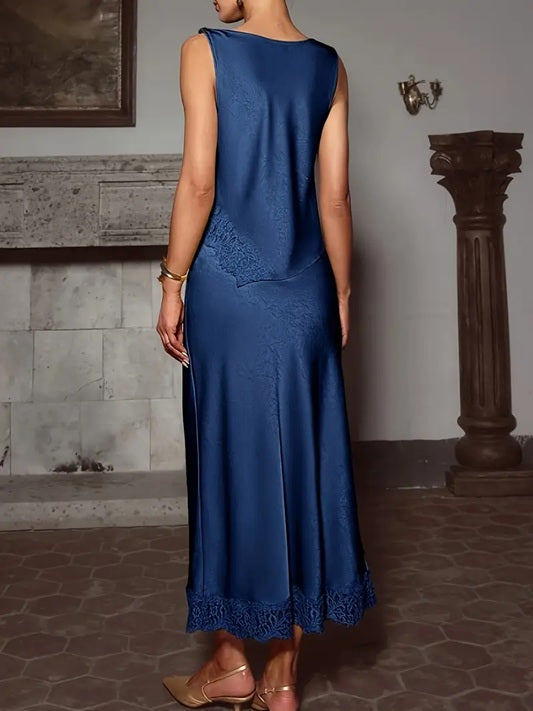 CM-ST461995 Women Elegant Seoul Style Solid Color Glossy Contrast Lace Splicing Vest With Long Skirt - Set