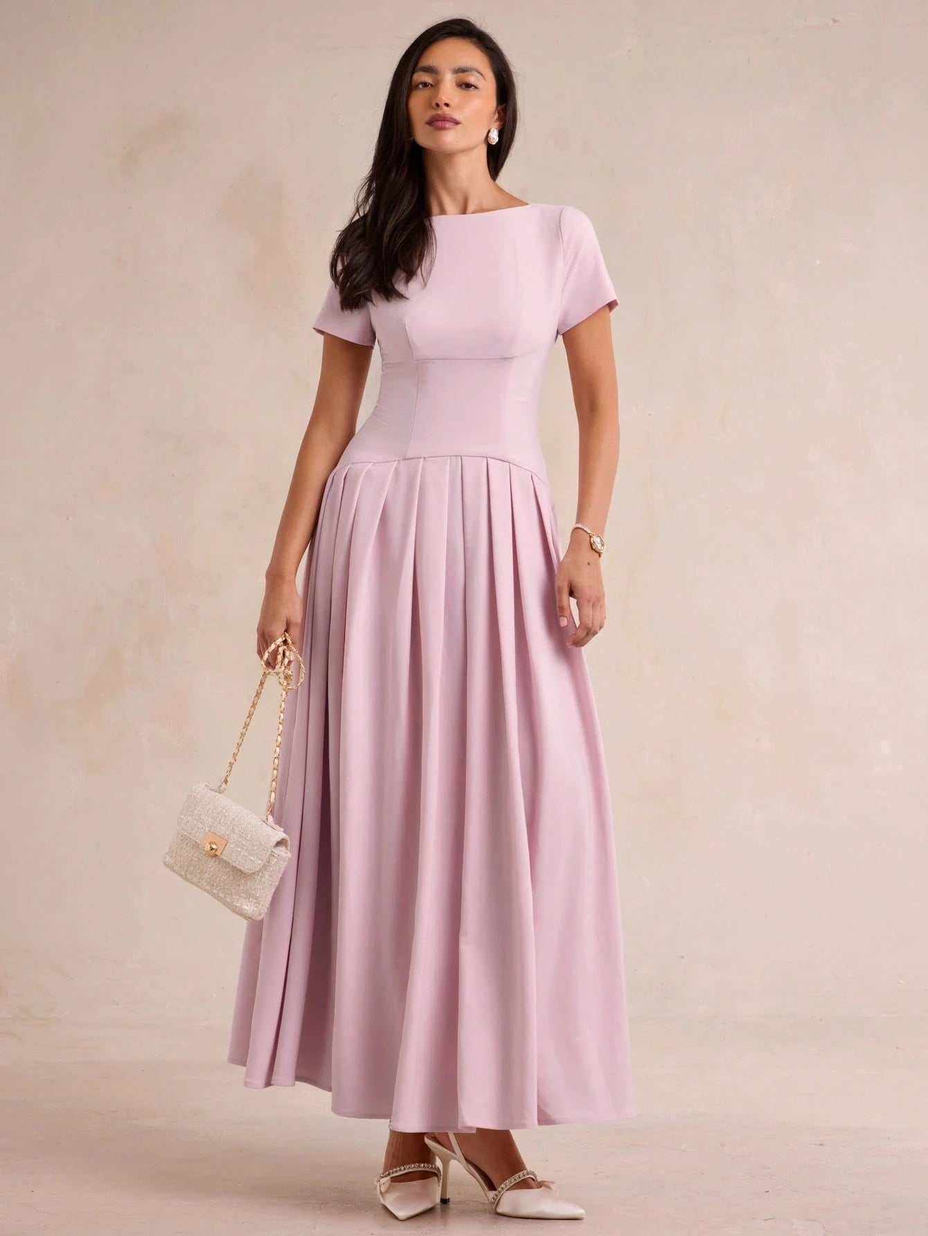 CM-DS880939 Women Elegant Seoul Style Round Neck Short Sleeve High Waist Pleated Long Dress - Pink