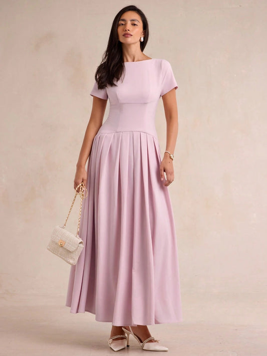 CM-DS880939 Women Elegant Seoul Style Round Neck Short Sleeve High Waist Pleated Long Dress - Pink