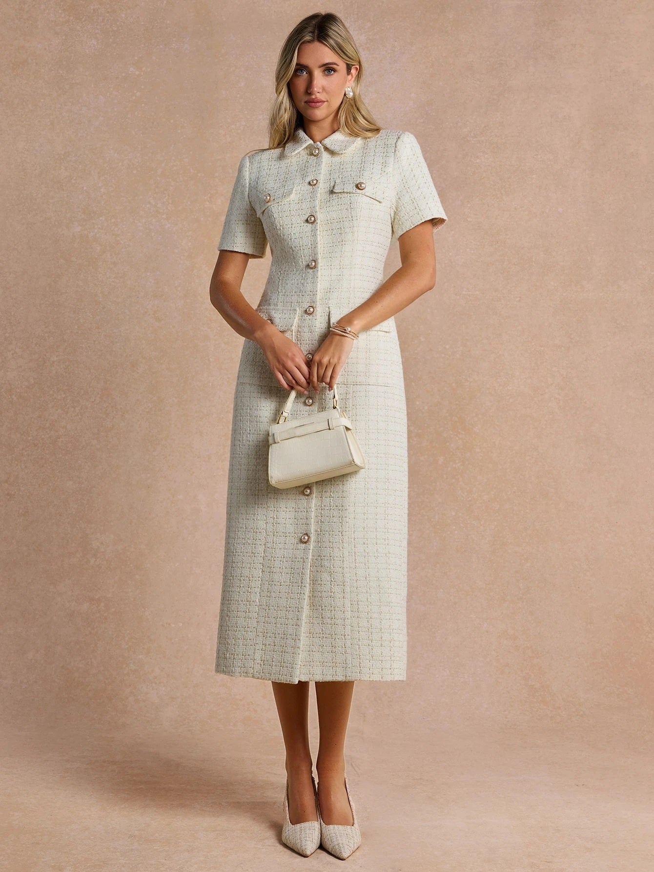 CM-DS977443 Women Elegant Seoul Style Collar Neckline Short Sleeve High Waist Sequin Tweed Midi Dress