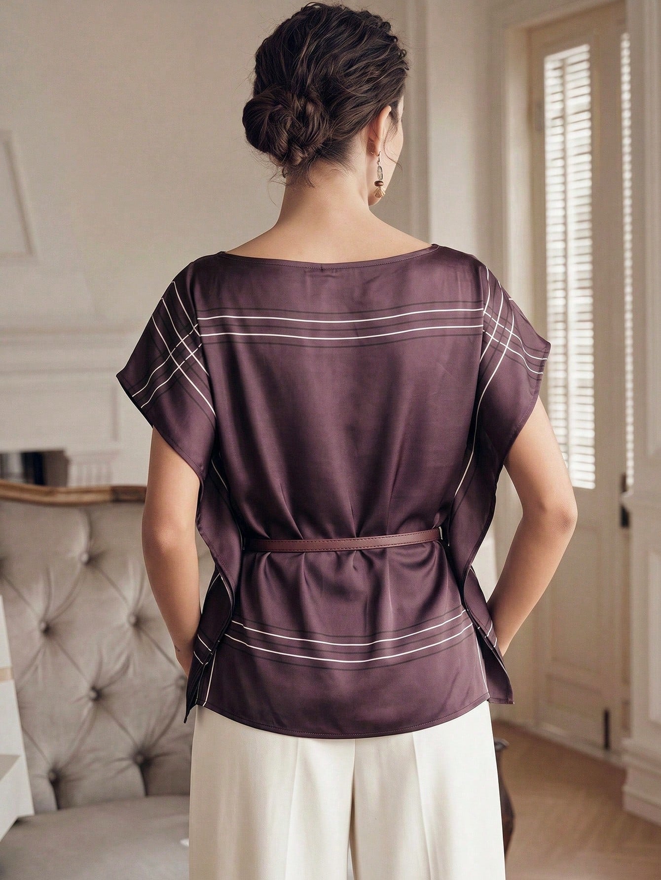 CM-TS644206 Women Elegant Seoul Style Round Neck Scarf-Like Texture Top With Belt Detail - Purple